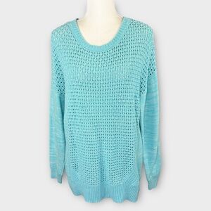Stylus Aqua Open Knit Sweater XXL Scoop Neck Pullover Heathered Turquoise Loose
